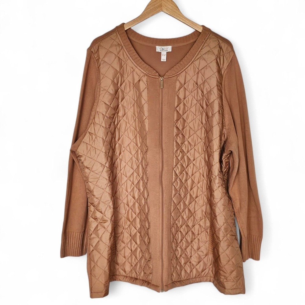 D&Co Heritage Cardigan 3X Full Zip Quilted Panel Tan Sweater Equestrian‎ Classic